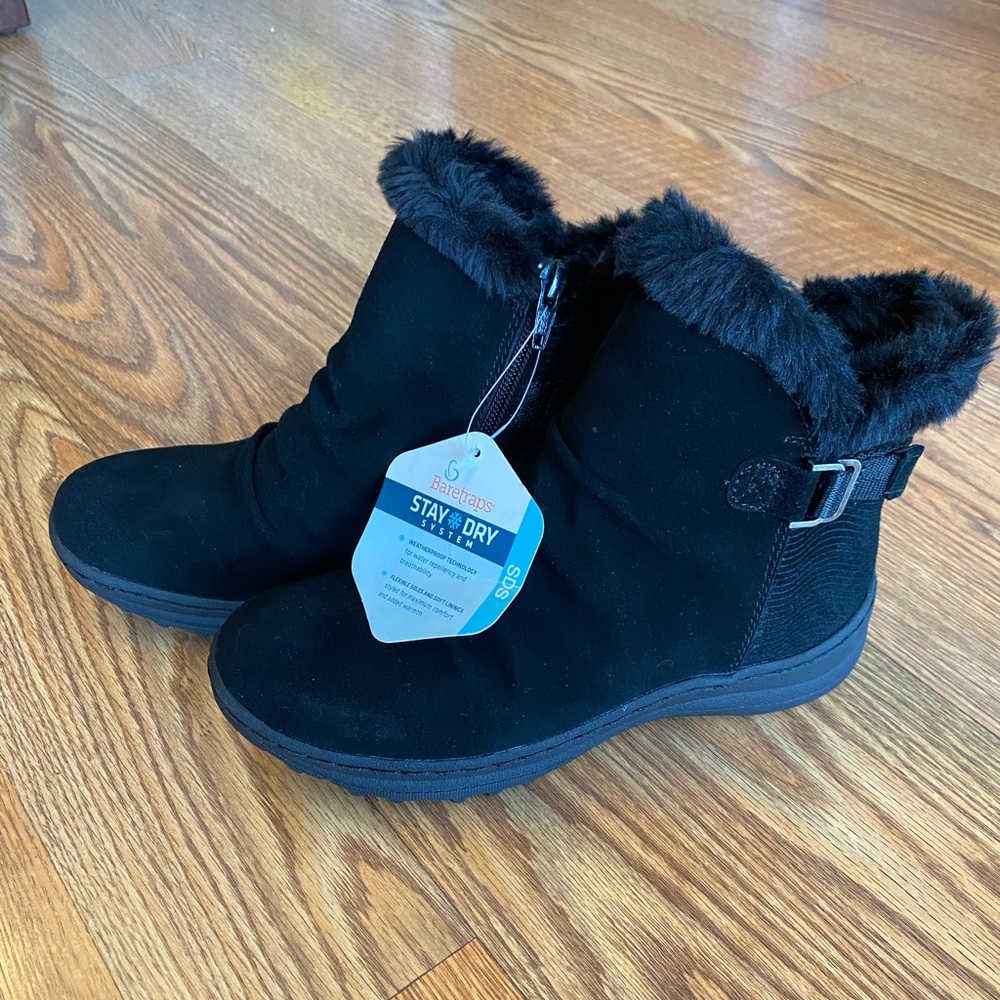 Baretraps black booties with faux fur trim